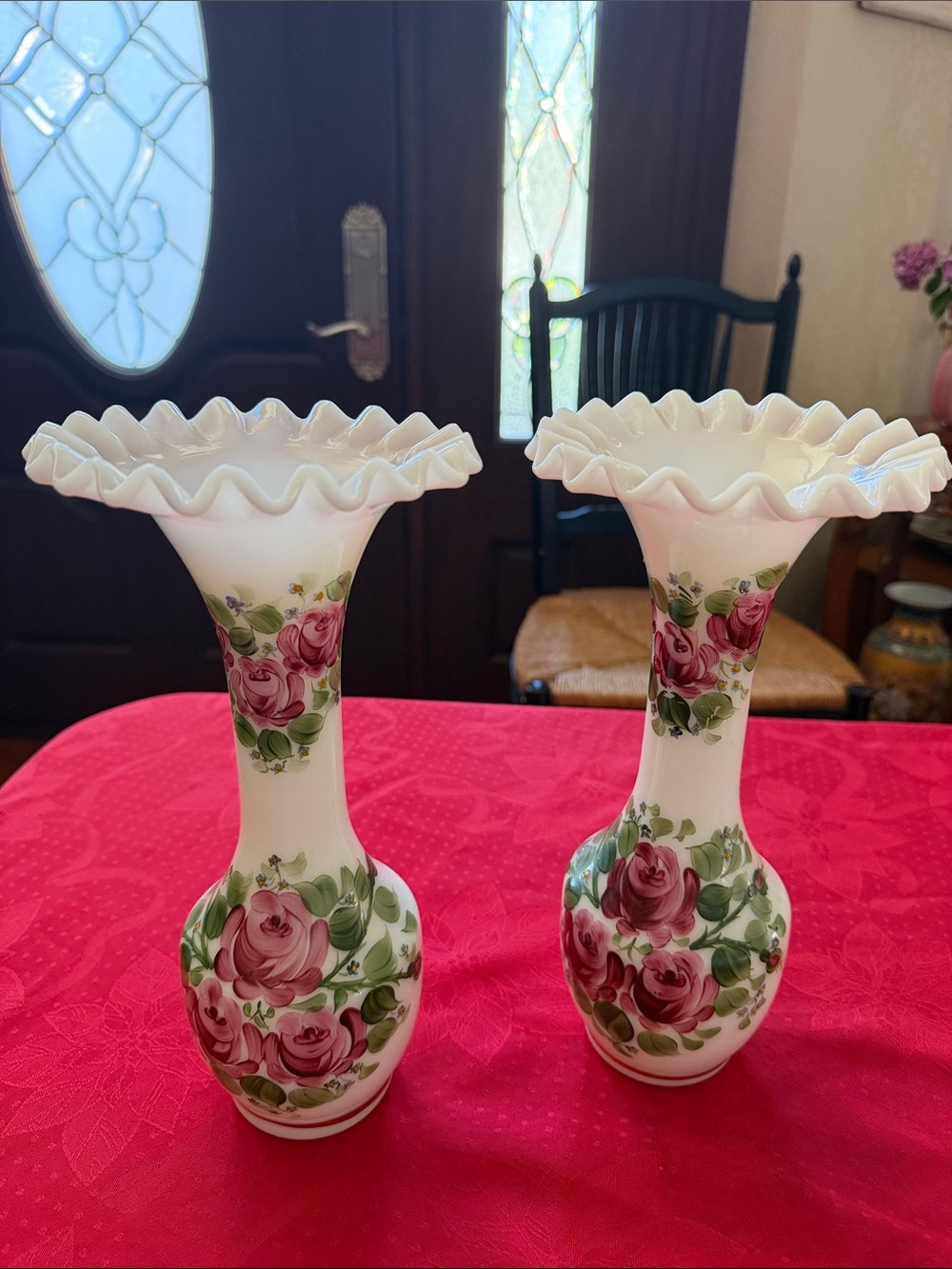 Vintage Hand-Painted white Glass Rose Vase - Pair